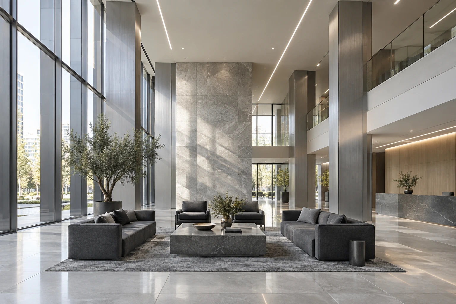 Illustrative architectural interior with precise linear ceiling lighting